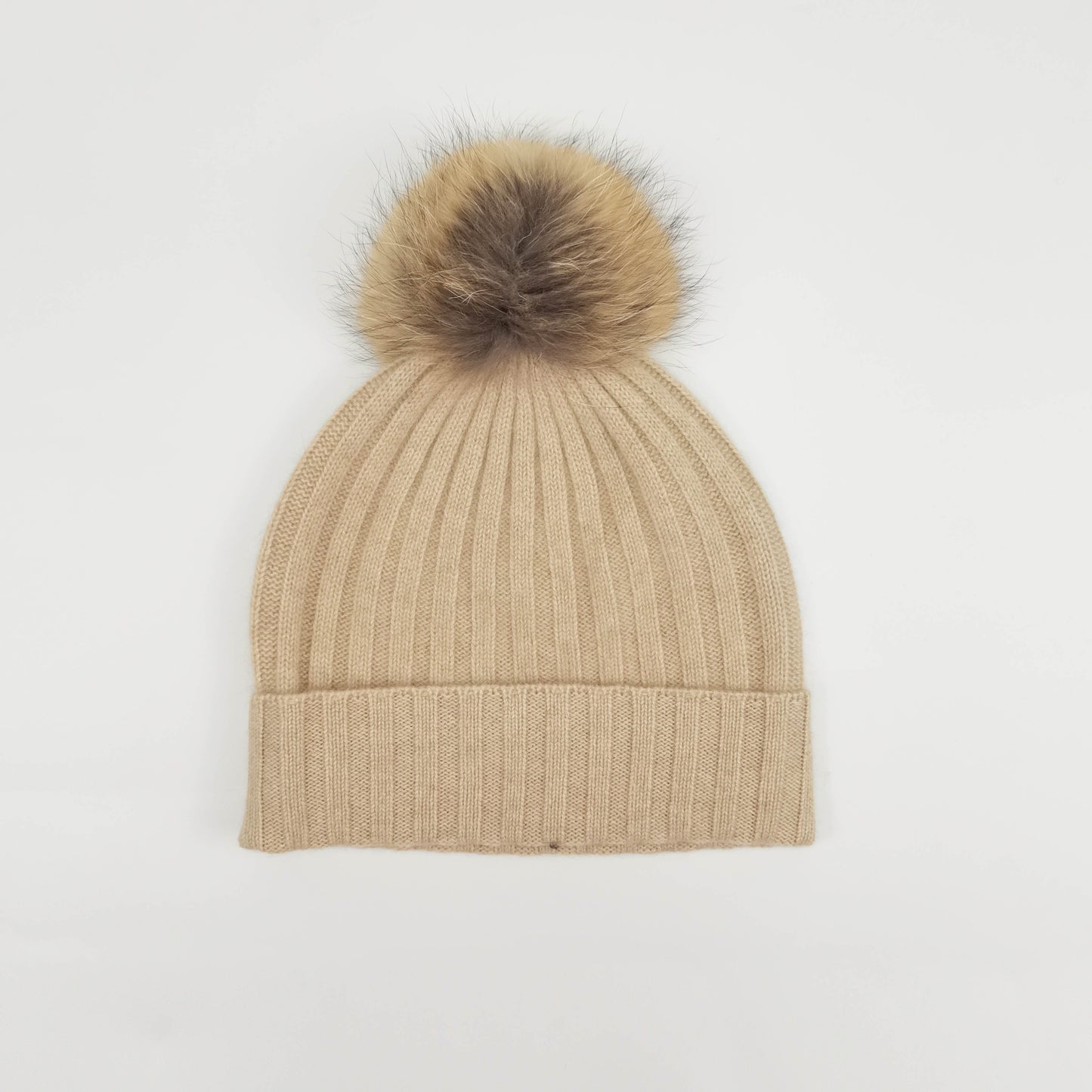 Beige ribbed cashmere pompom hat