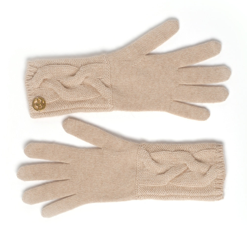 Beige cable-knit cashmere gloves