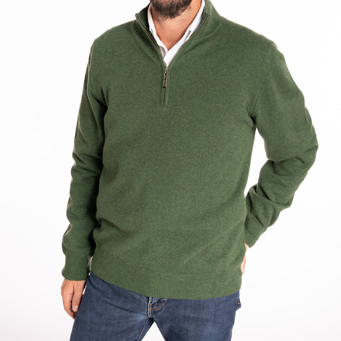 green cashmere zip-neck sweater