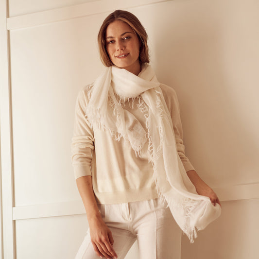 white fringed cashmere scarf