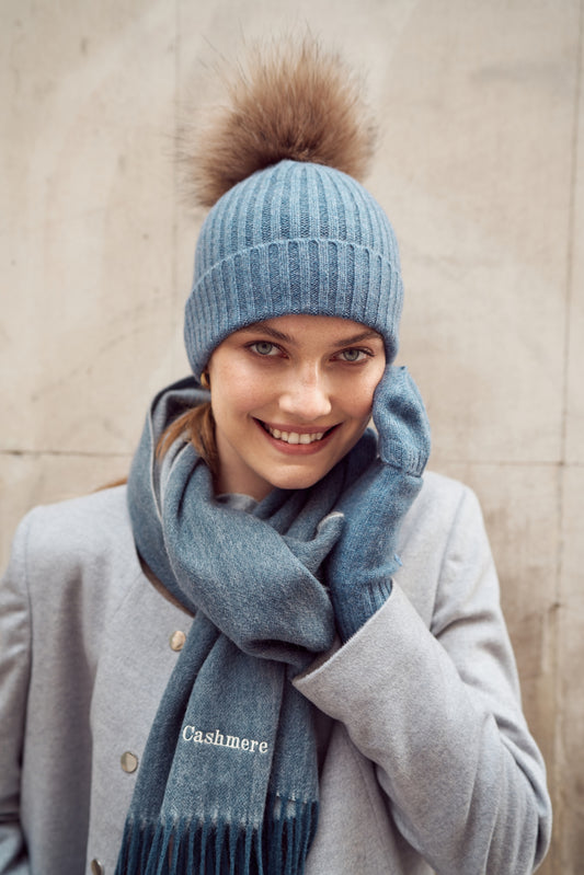 Bufanda de cashmere de doble faz azul y crema