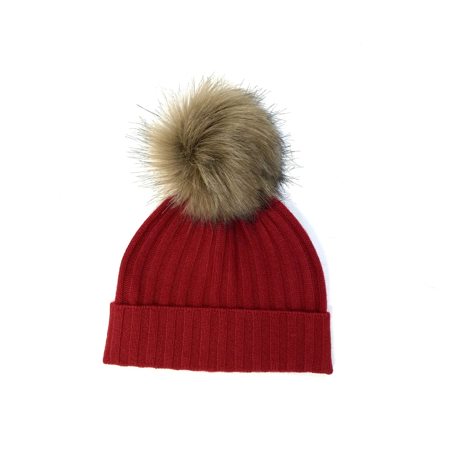 Dark red ribbed cashmere pompom beanie