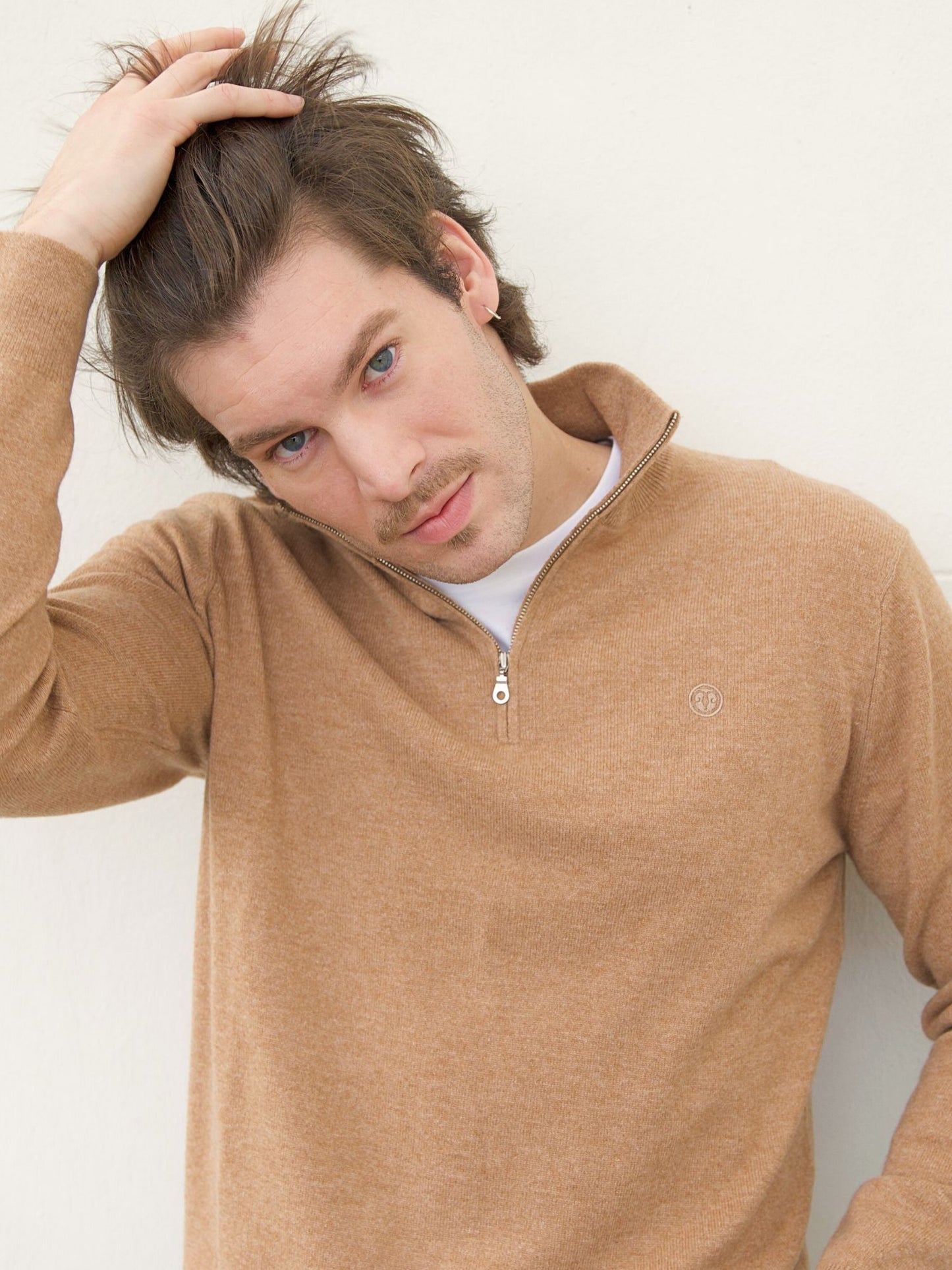 Men's camel zip-up sweater