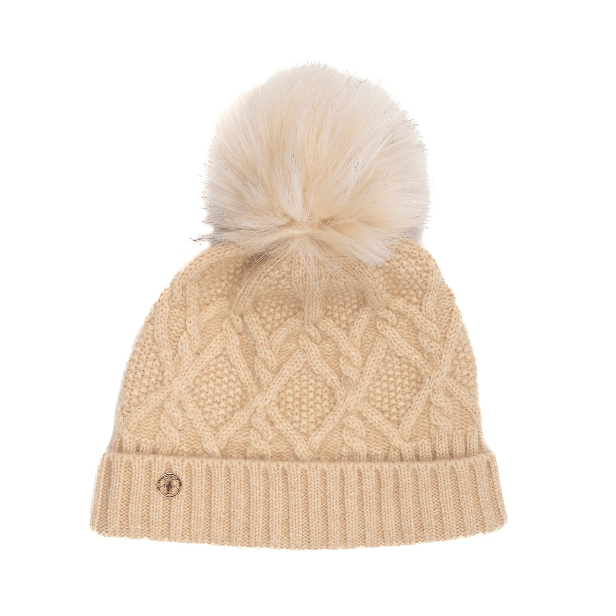 Beige cashmere hat with pompom