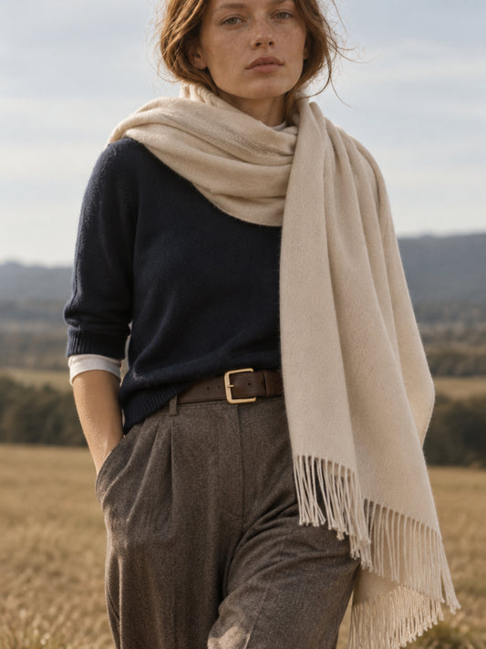Large beige fringed stole/scarf