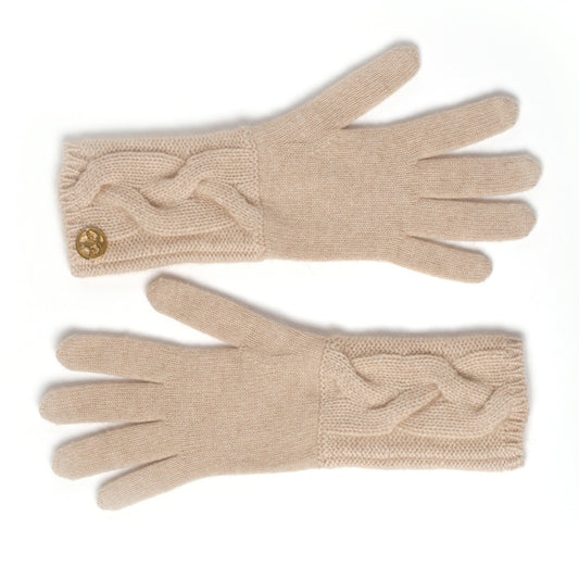 Beige cable-knit cashmere gloves