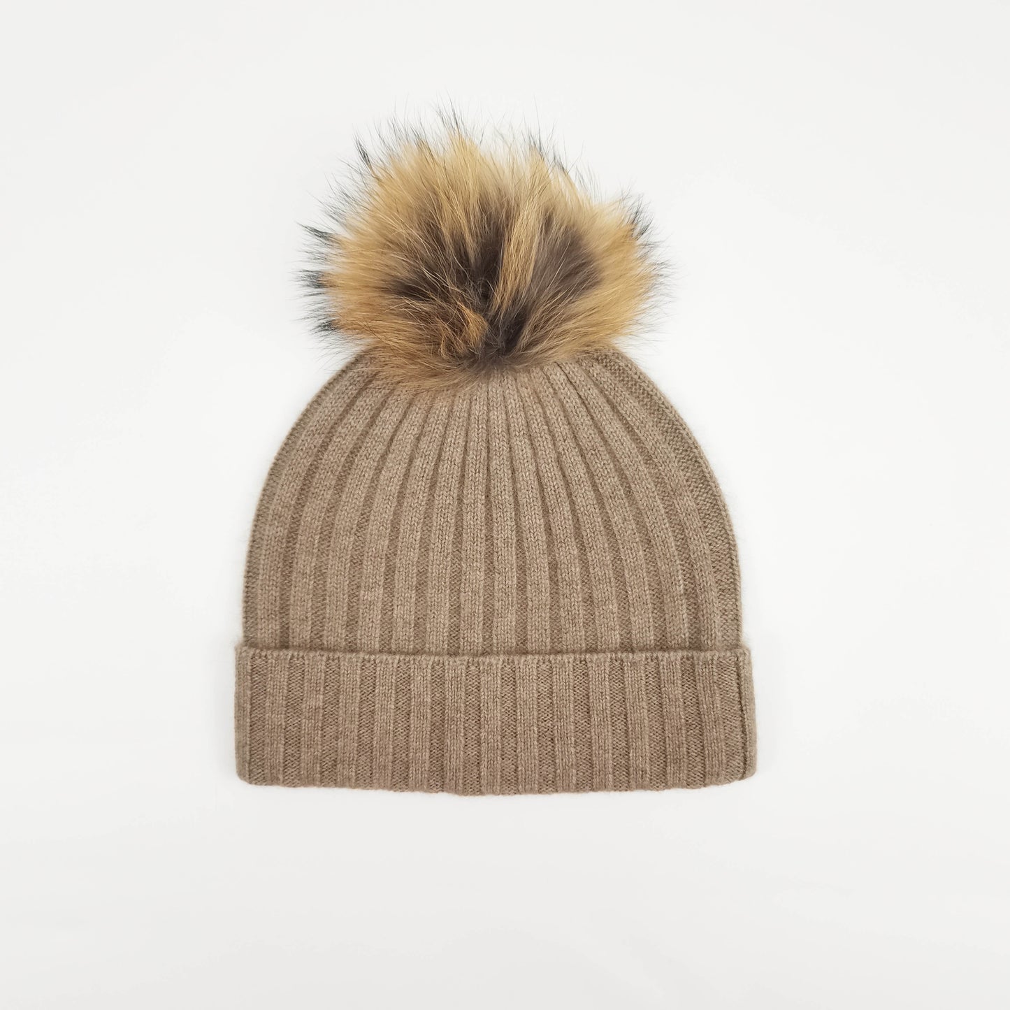 Organic brown ribbed cashmere pom pom beanie