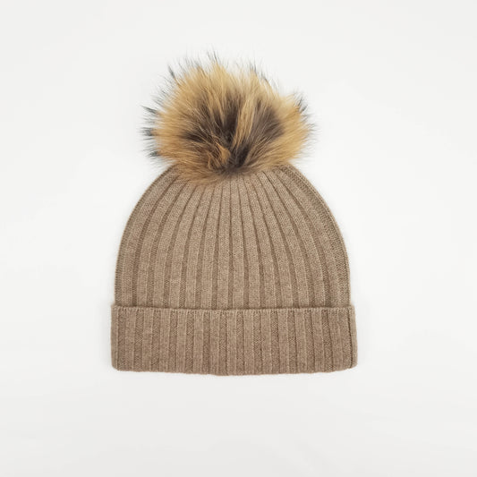 Organic brown ribbed cashmere pom pom beanie