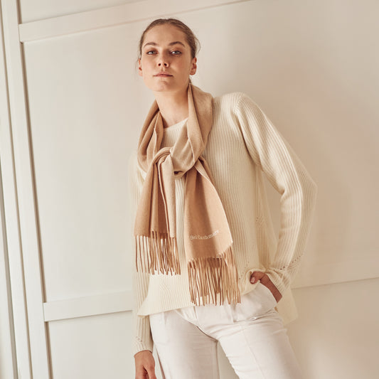 Camel and cream double-sided cashmere scarf