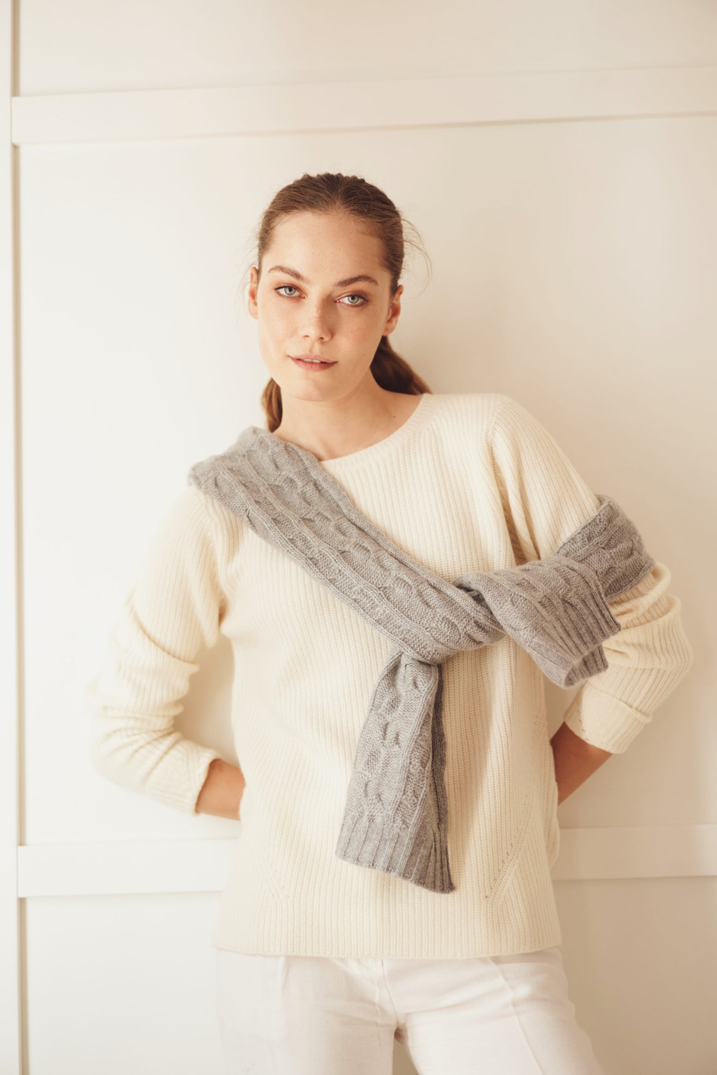 Gray cable knit scarf