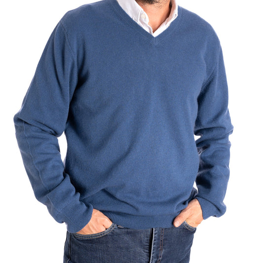 blue V-neck cashmere sweater