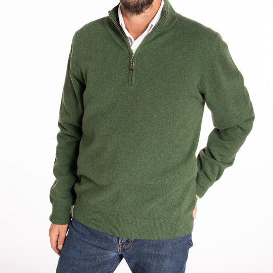 green cashmere zip-neck sweater