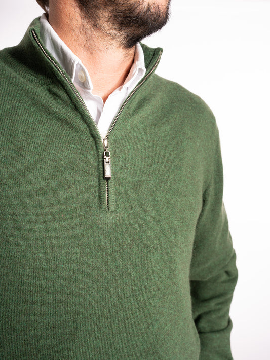 green cashmere zip-neck sweater