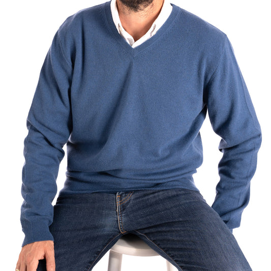 blue V-neck cashmere sweater