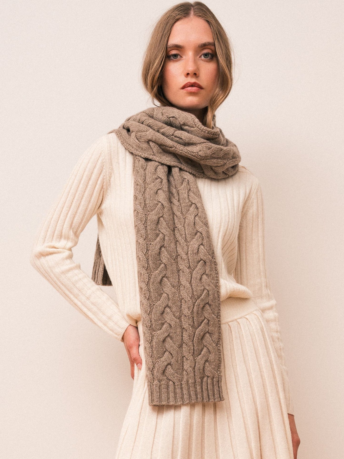 Organic brown cable knit scarf