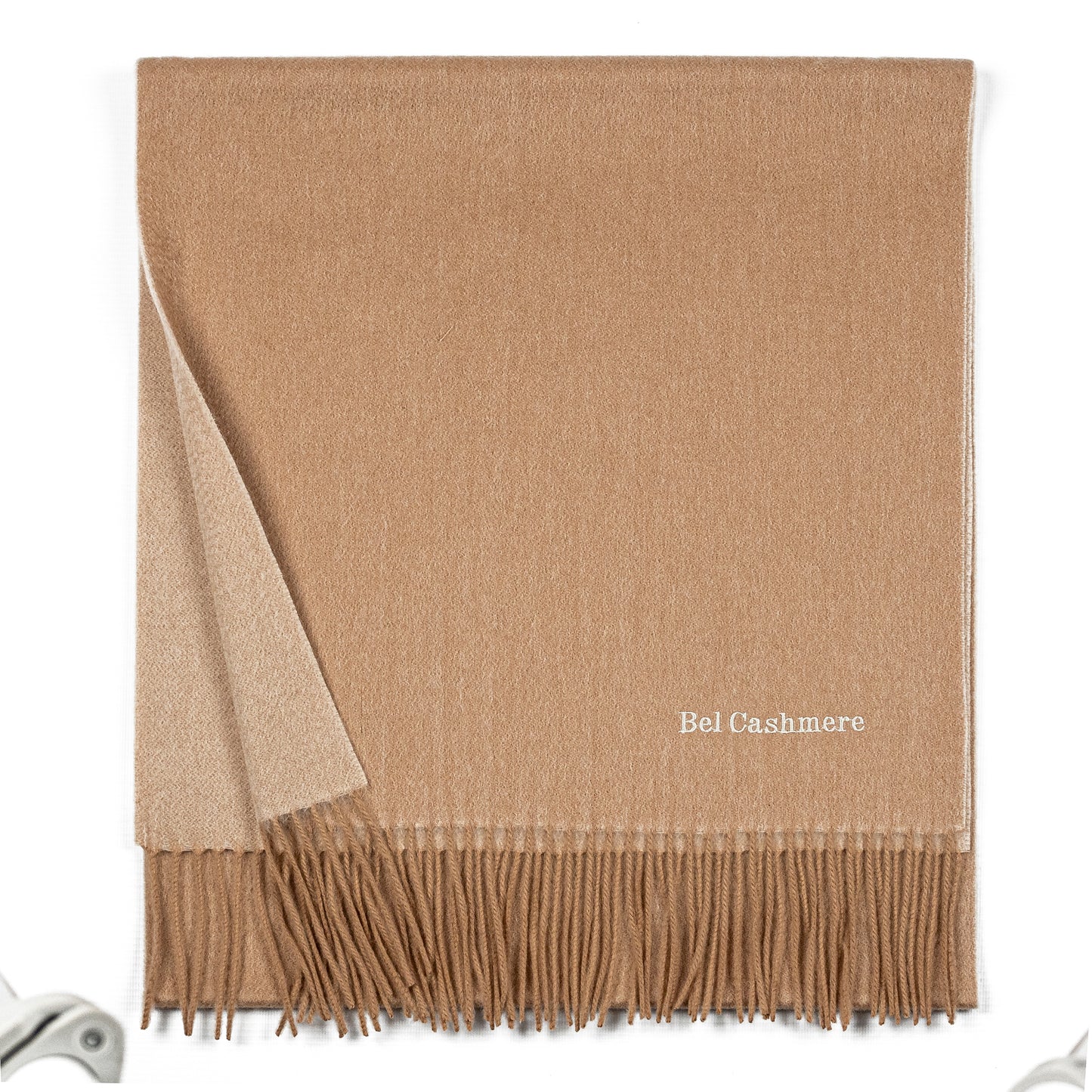 Bufanda de cashmere de doble faz camel y crema