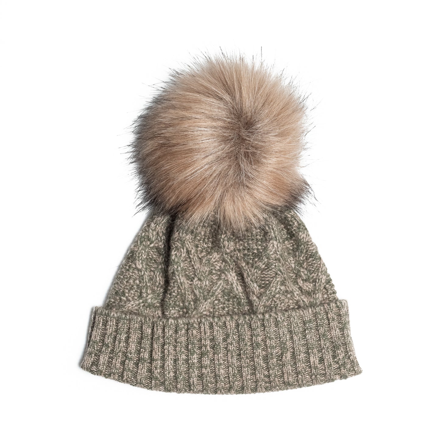 Green and beige cashmere hat with pompom
