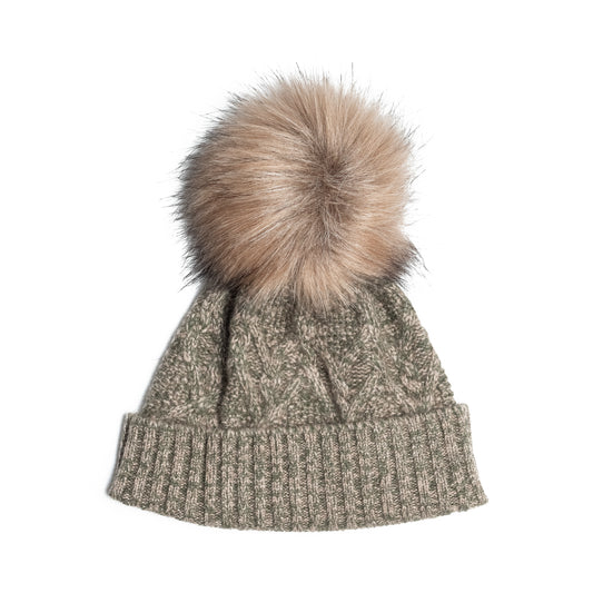 Green and beige cashmere hat with pompom