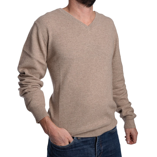 tan cashmere V-neck sweater