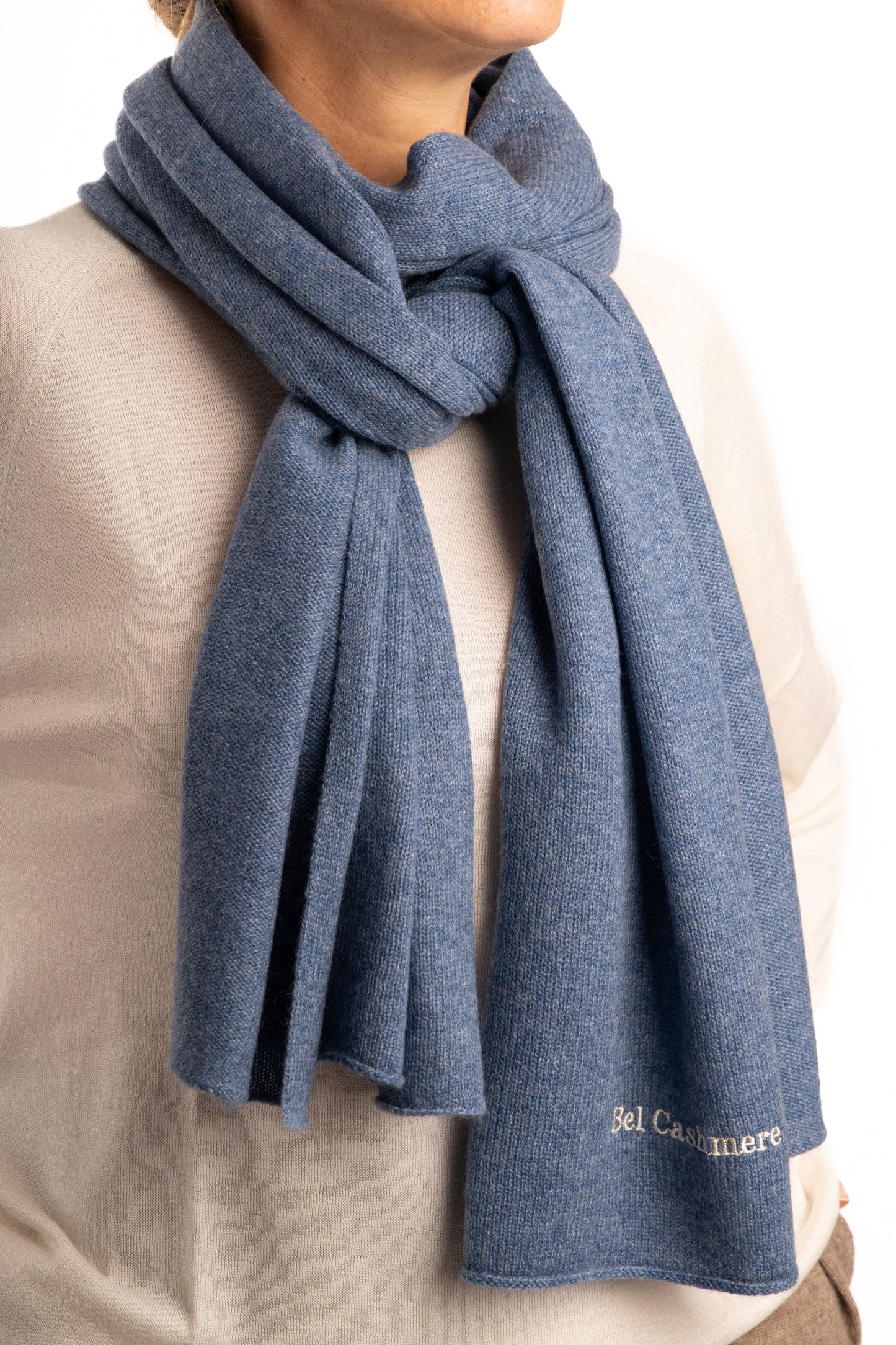 Large blue knitted scarf
