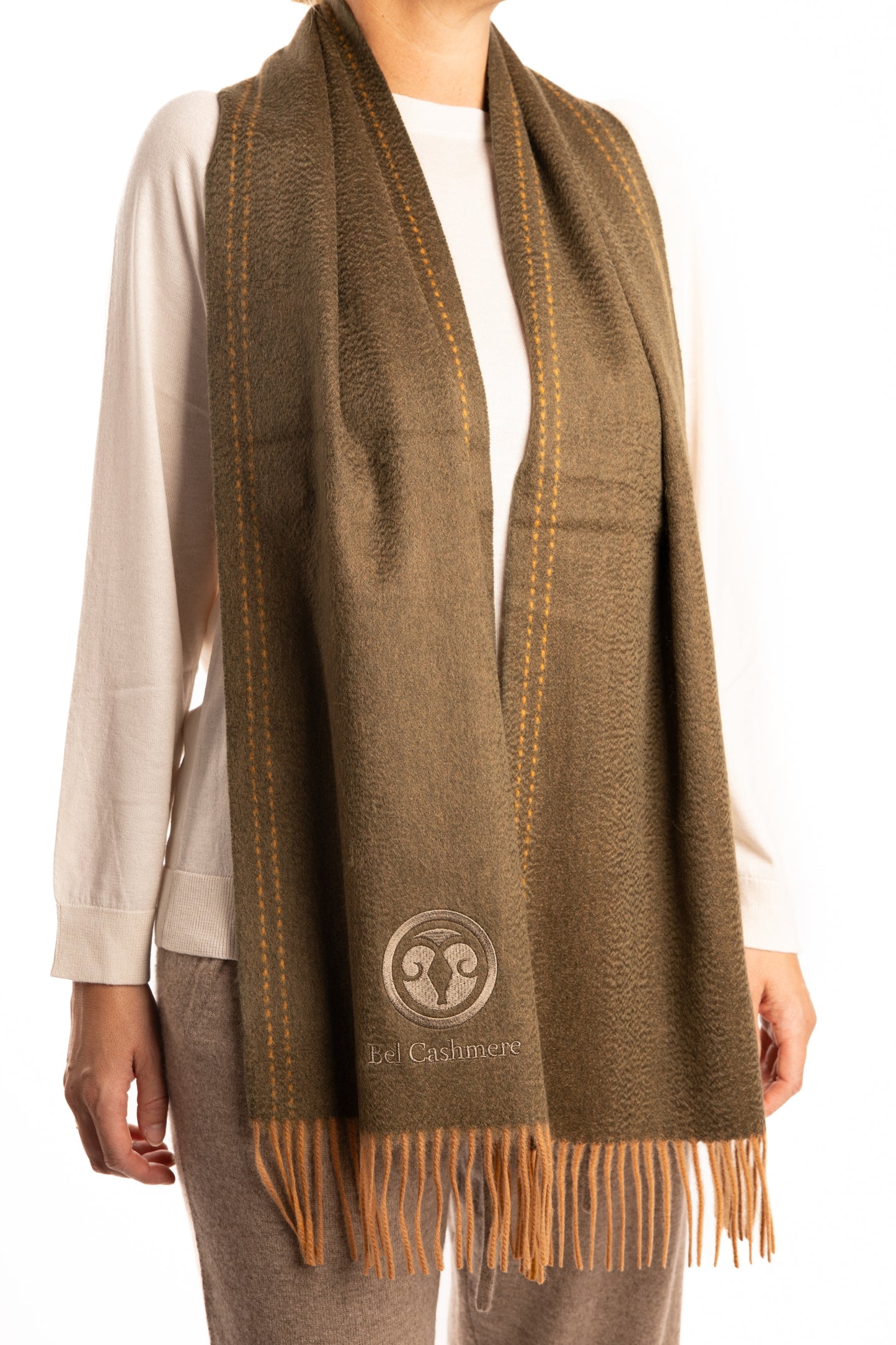 Green and brown double-sided cashmere scarf