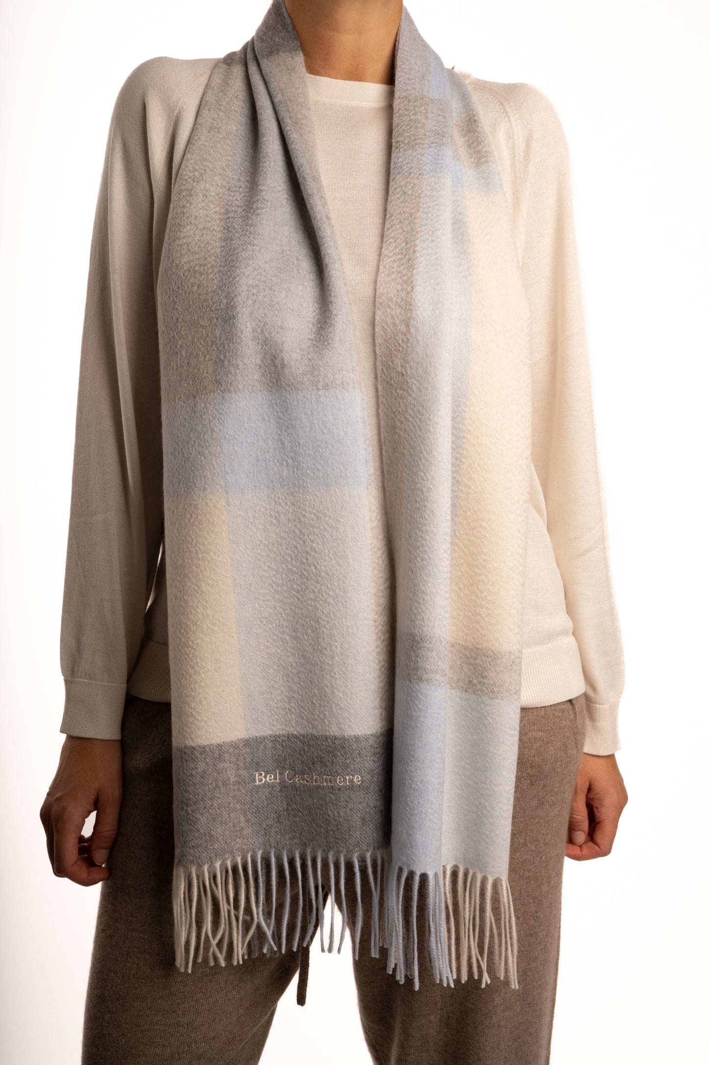 Bufanda de cashmere cuadros con azul