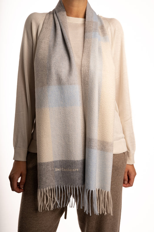 Bufanda de cashmere cuadros con azul