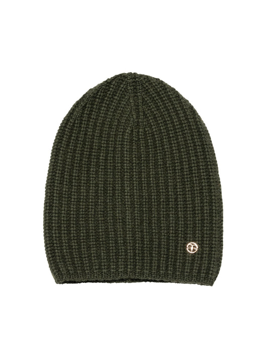 Olive Ribbed Cashmere Beanie