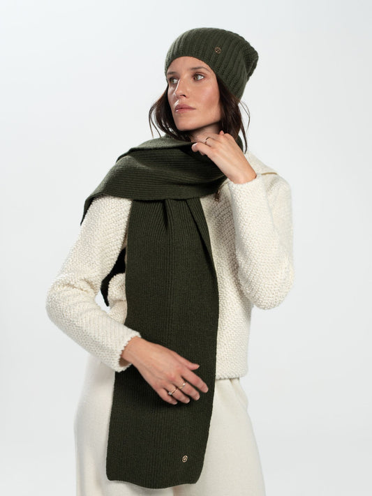 Olive Ribbed Cashmere Beanie