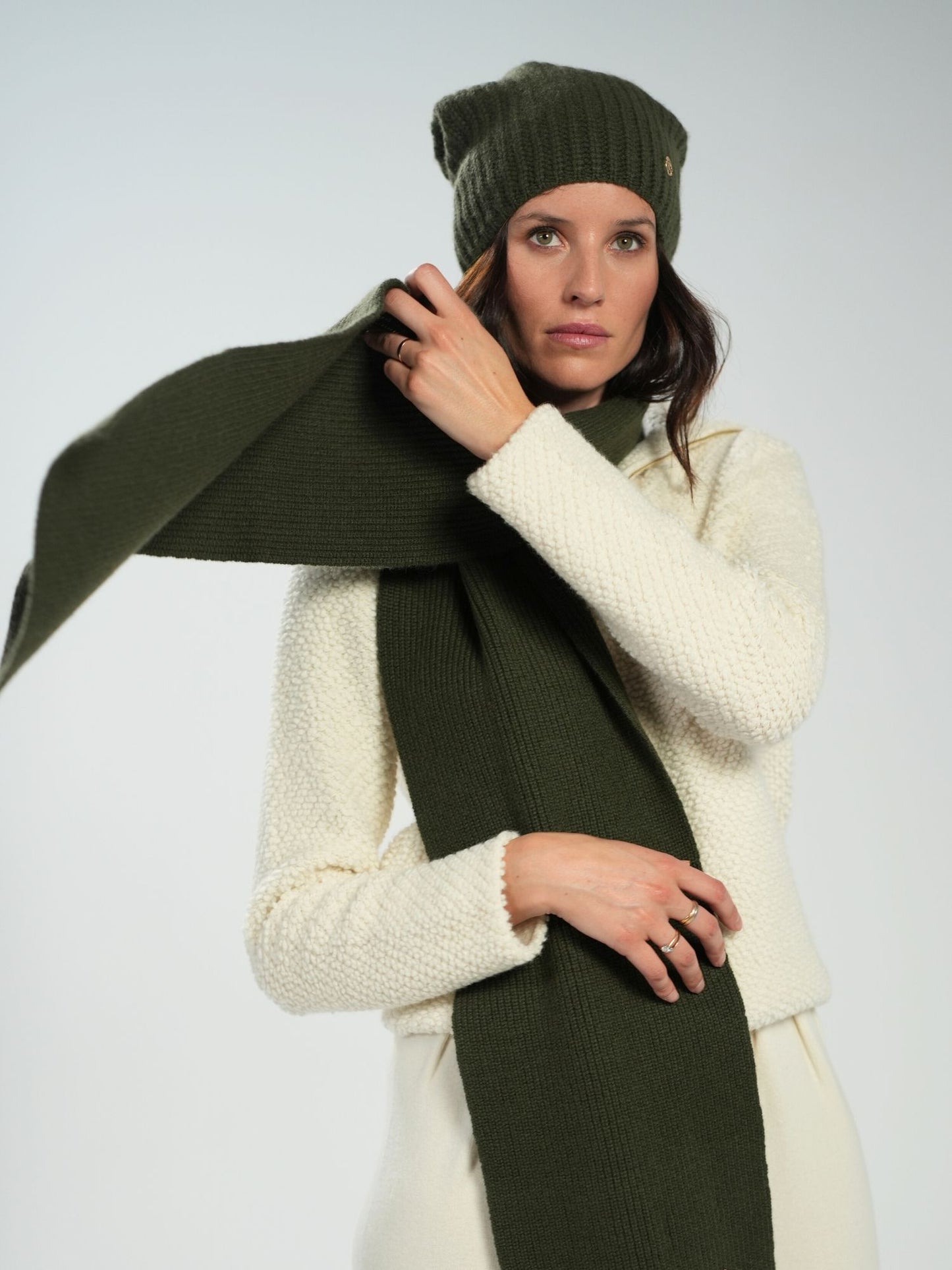 Olive Ribbed Cashmere Beanie