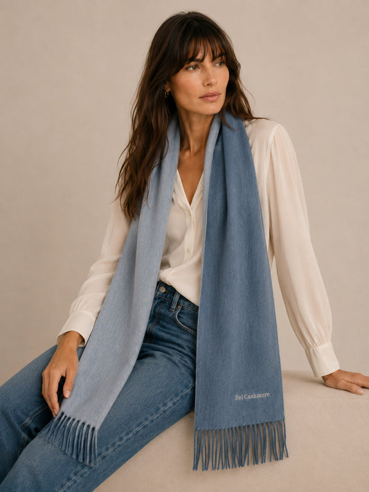Blue and cream double-sided cashmere scarf