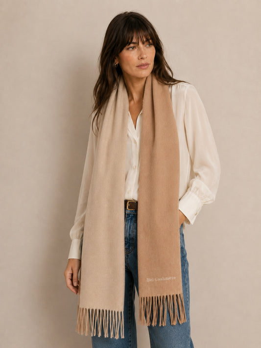 Camel and cream double-sided cashmere scarf