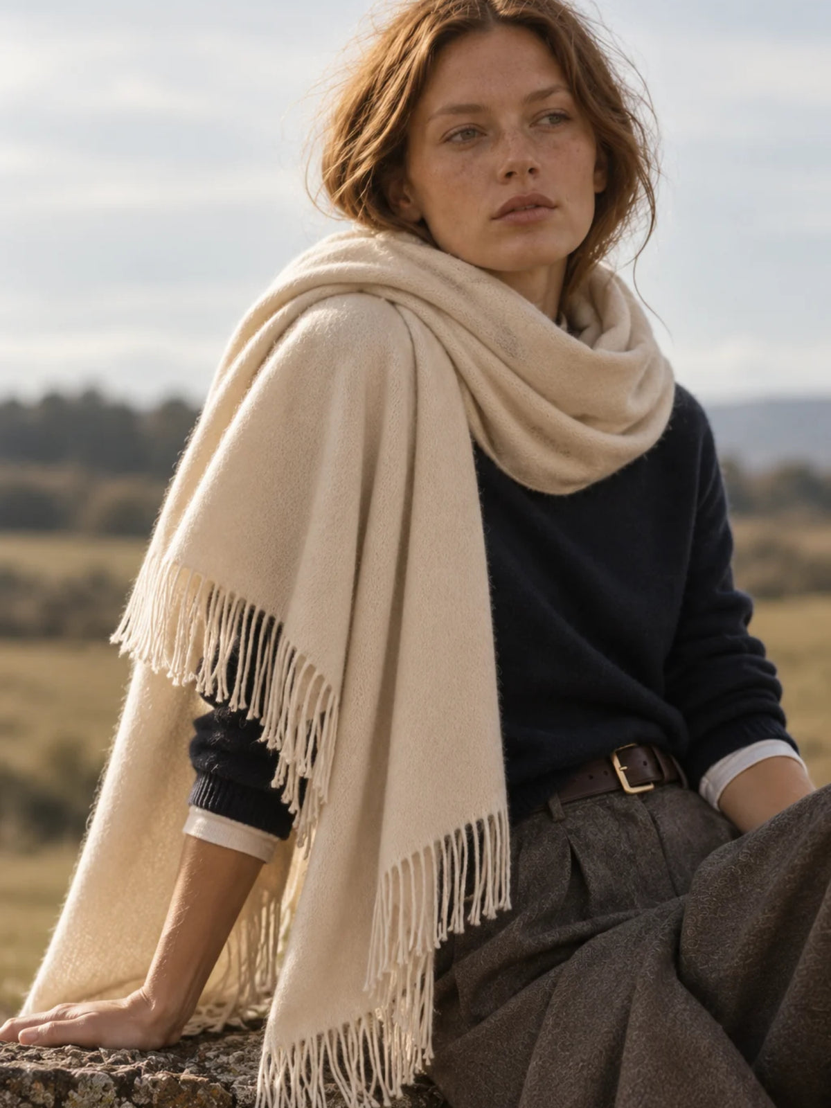 Large beige fringed stole/scarf