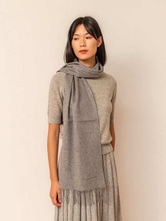 Gray fringed cashmere scarf