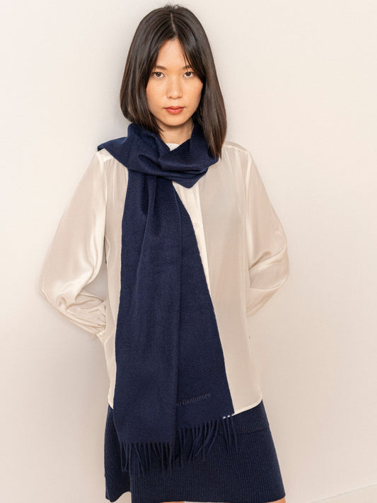 Navy cashmere scarf with fringes