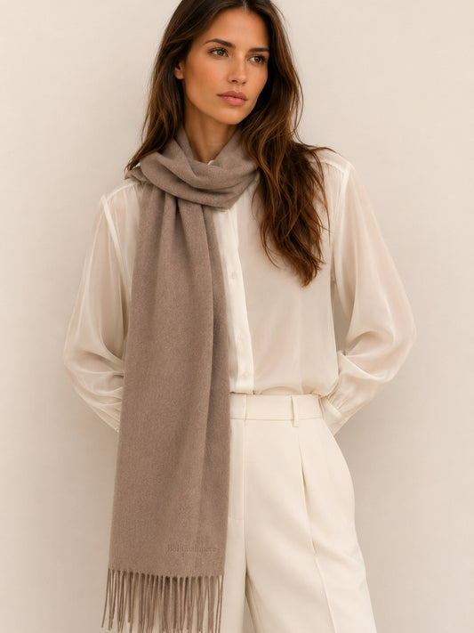 Organic brown fringed cashmere scarf
