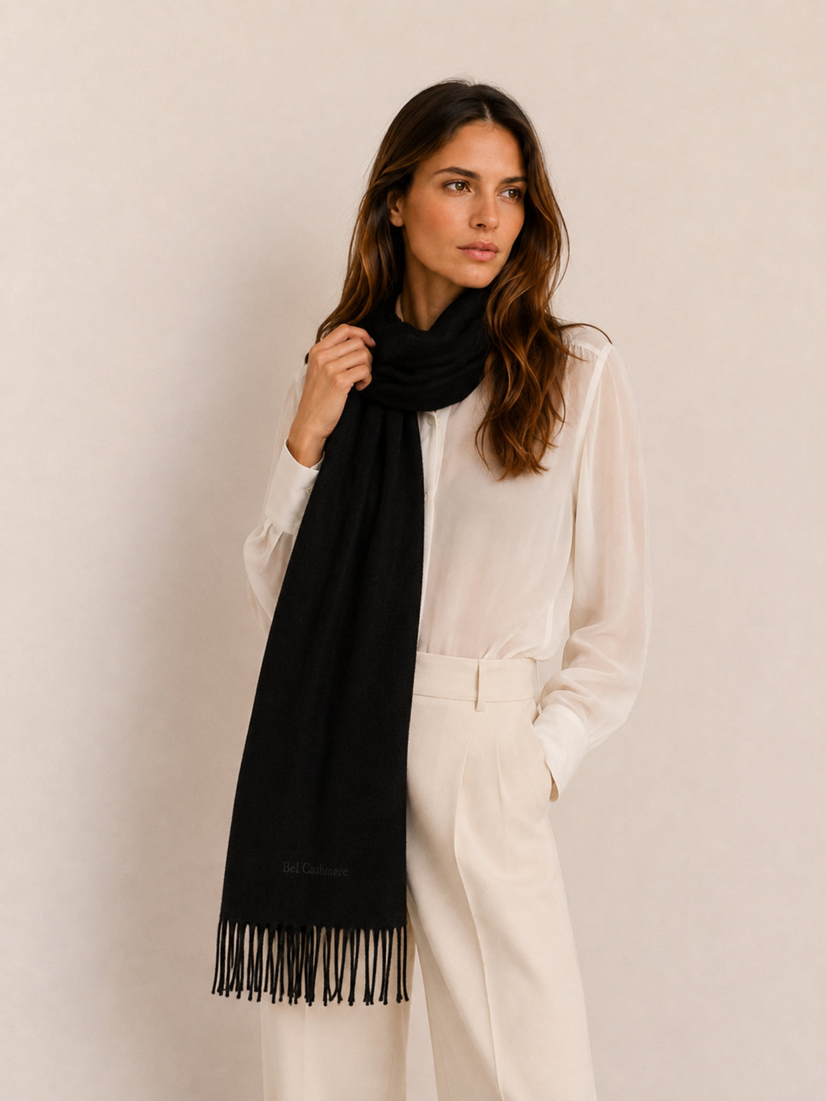 Black fringed cashmere scarf