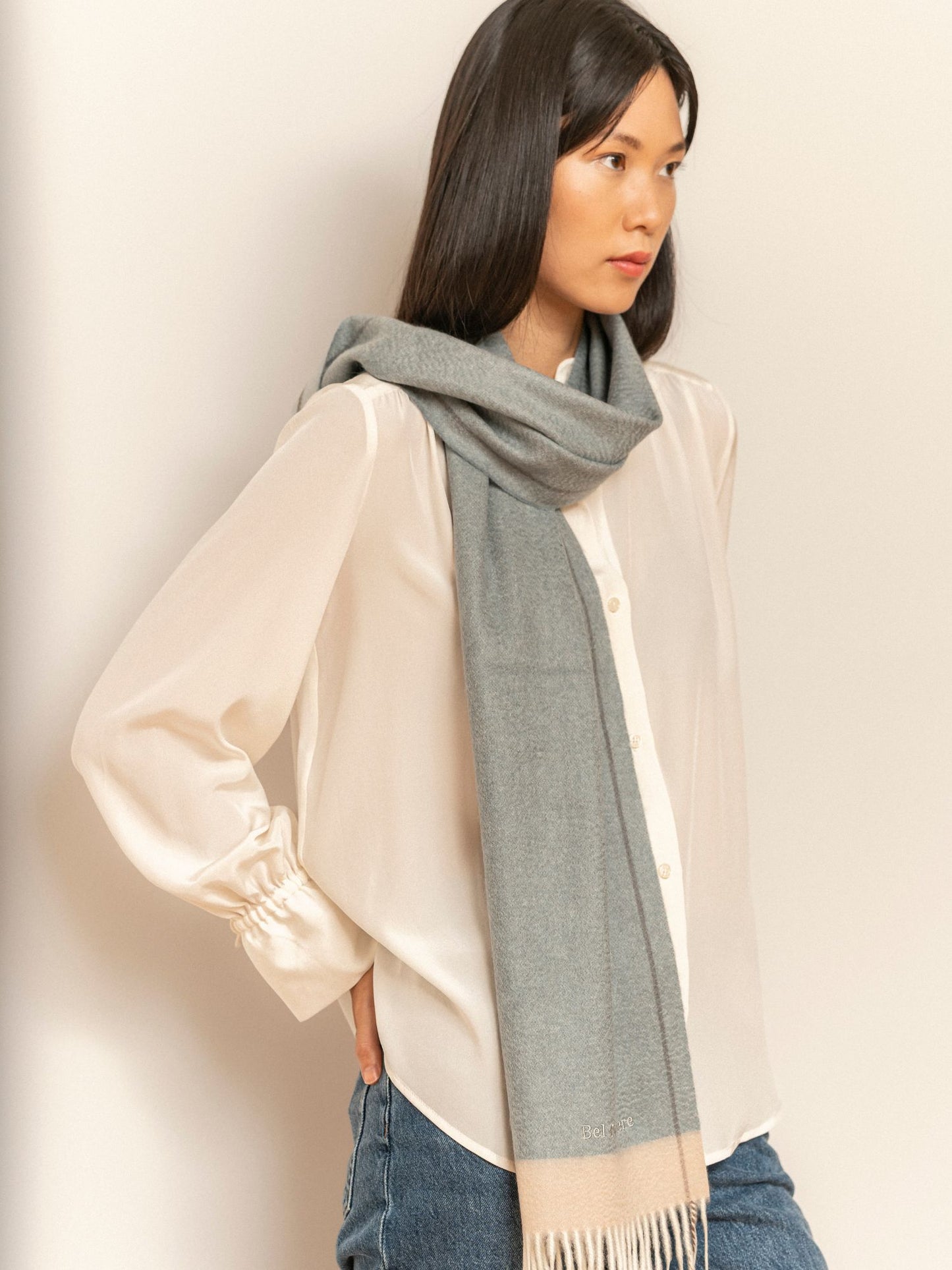 Two-tone greenish blue fringe scarf