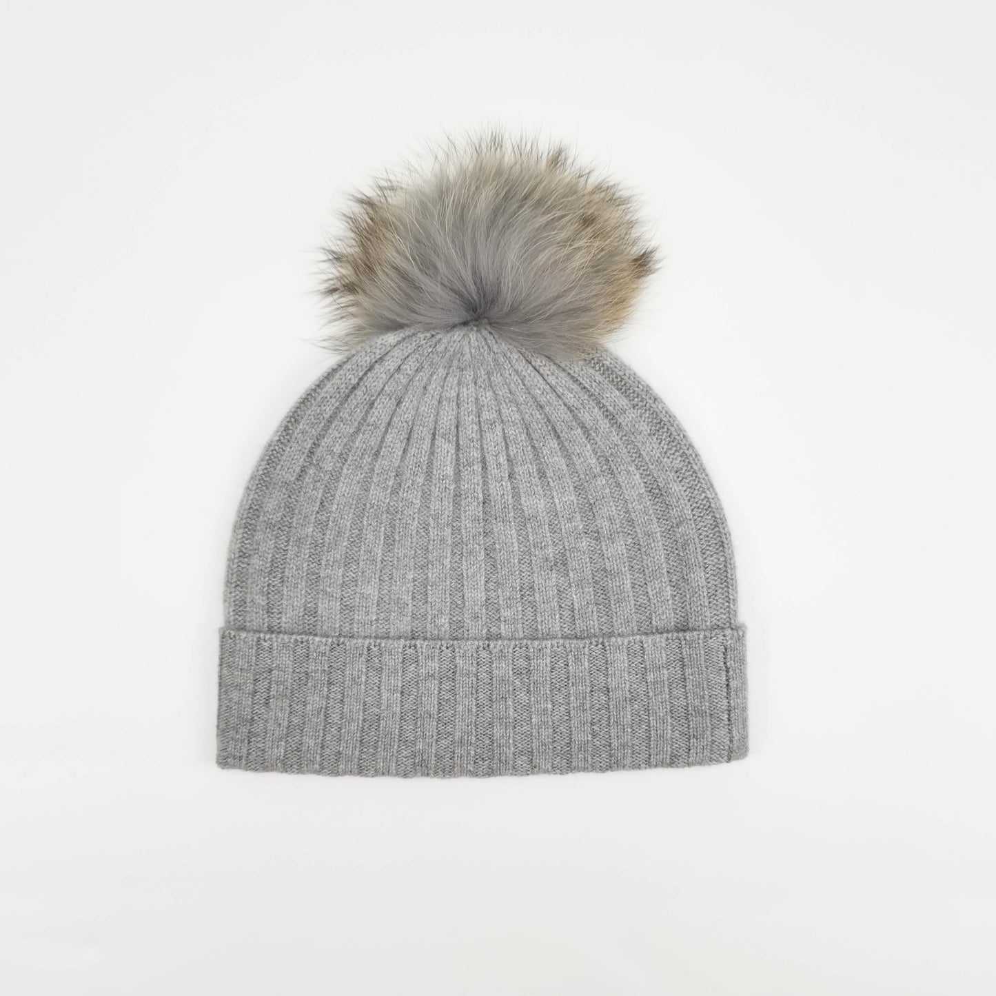 Gray ribbed cashmere pompom hat