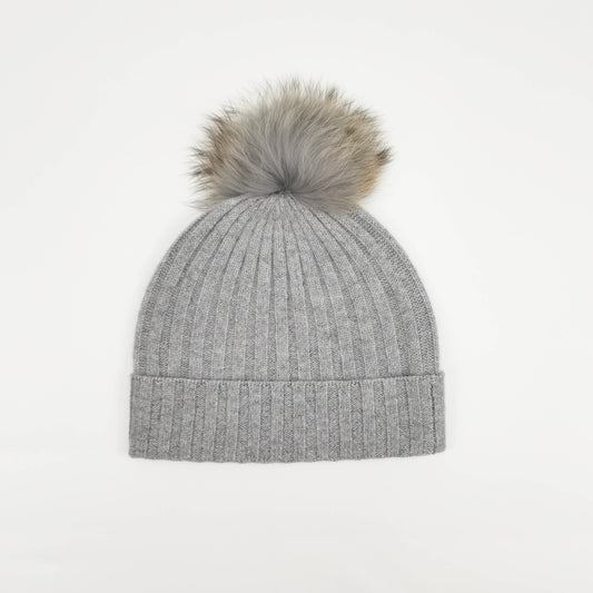 Gray ribbed cashmere pompom hat