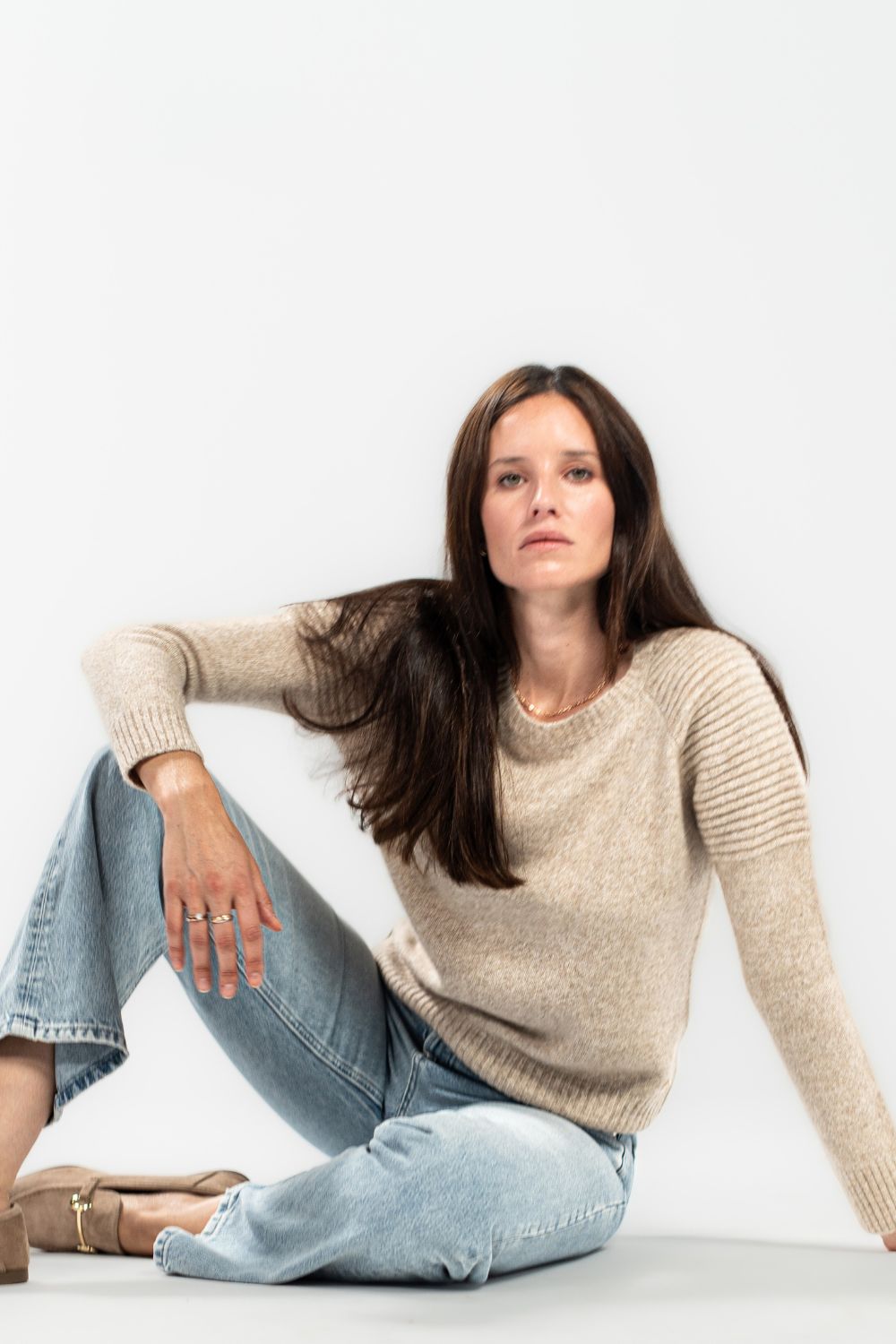 Jersey de cashmere Motorbiker jaspe beige