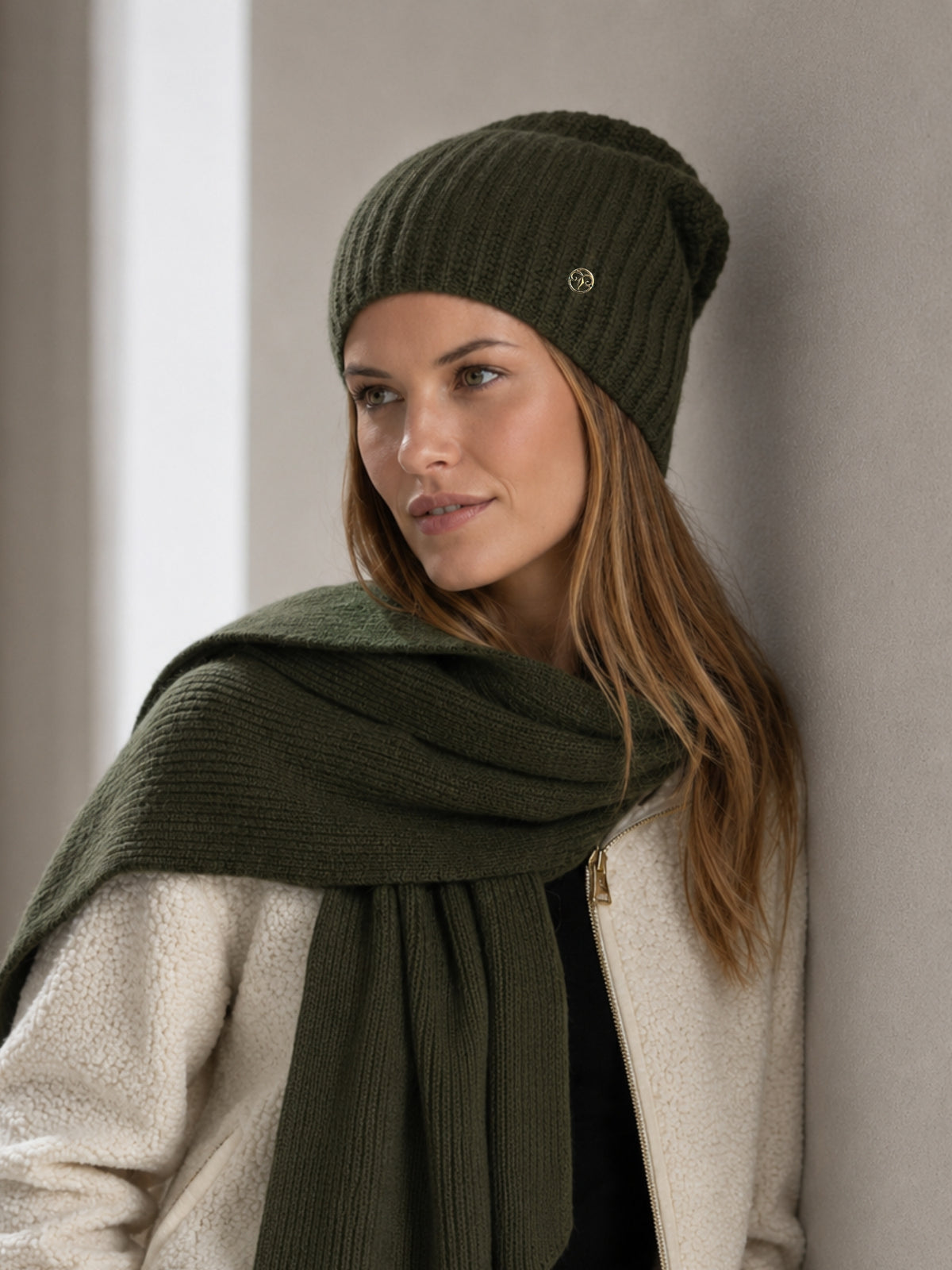 Olive ribbed knit scarf