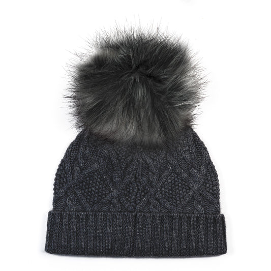 Black cashmere hat with pompom